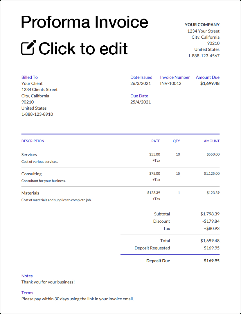 Proforma Invoice Template Sample | Template Samples