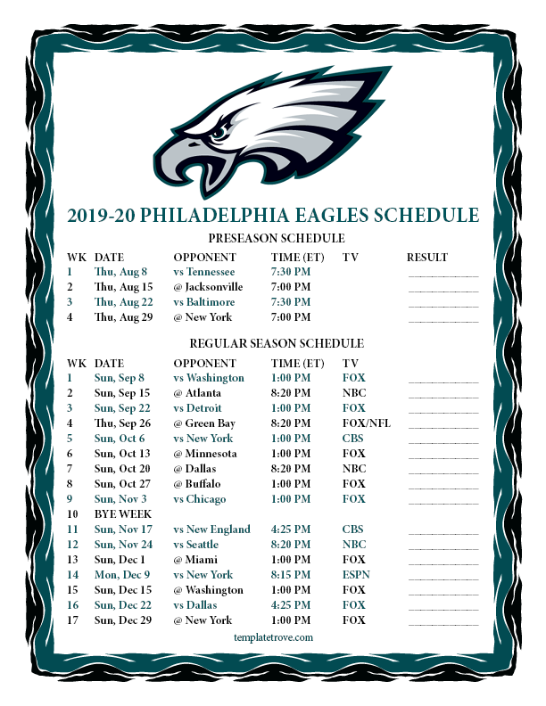 Philadelphia Eagles 2024 Printable Schedule