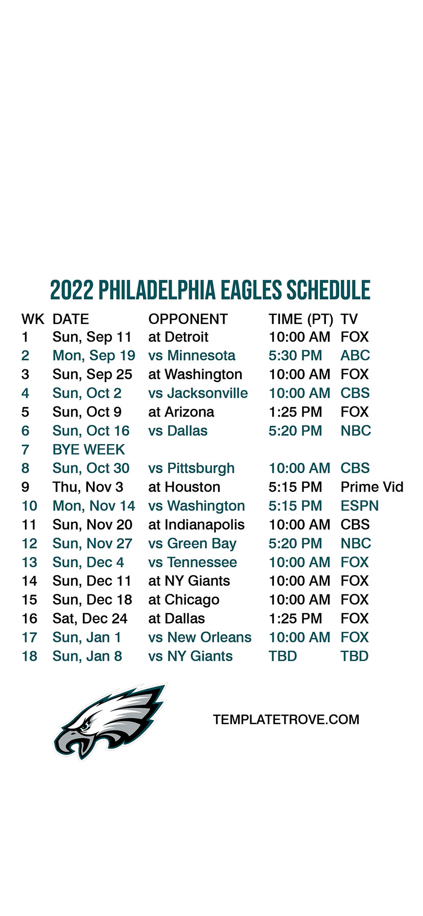 Printable Eagles Schedule 2022-2023