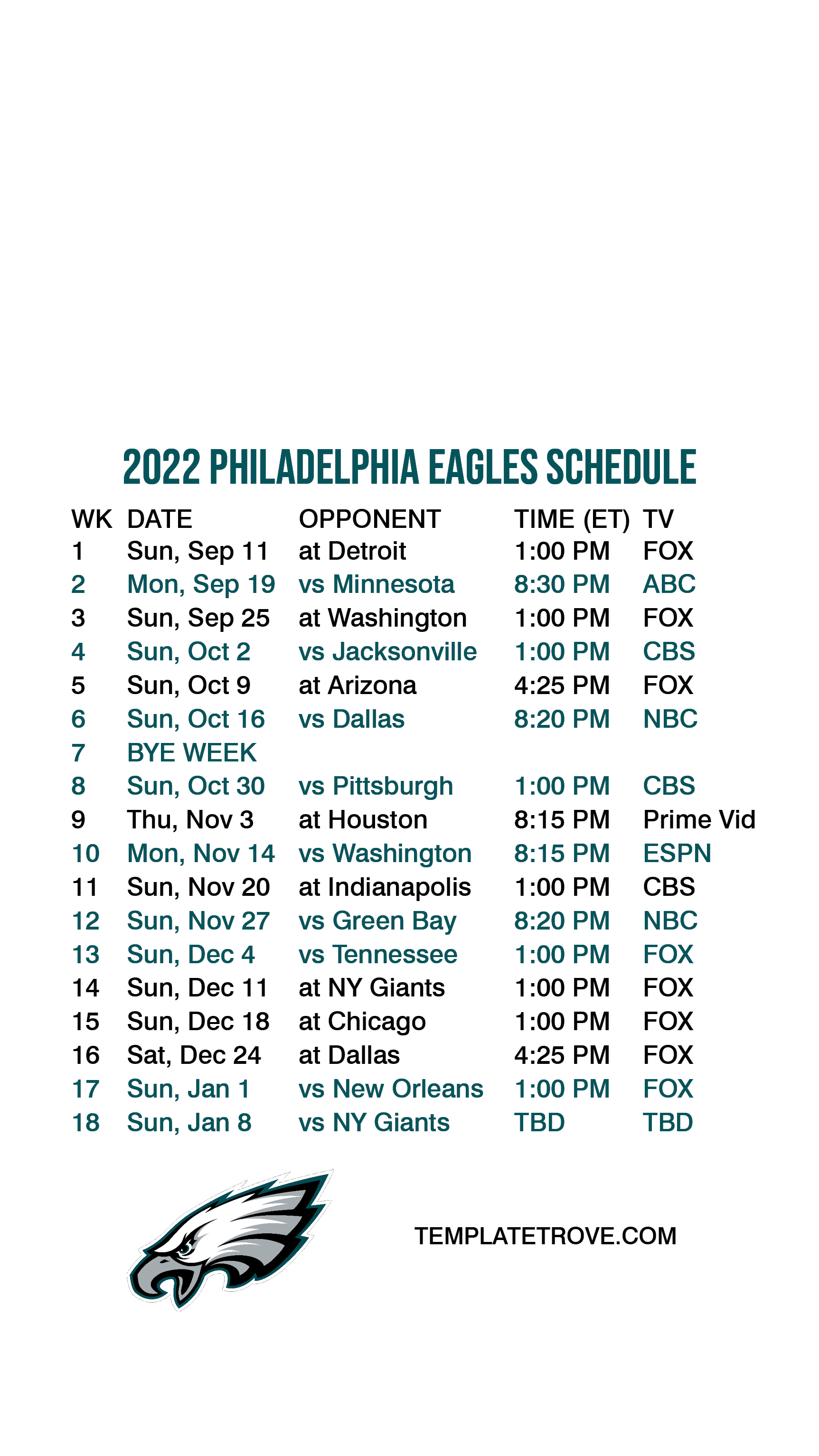 Printable Eagles Schedule 2022-2023 - Printable World Holiday