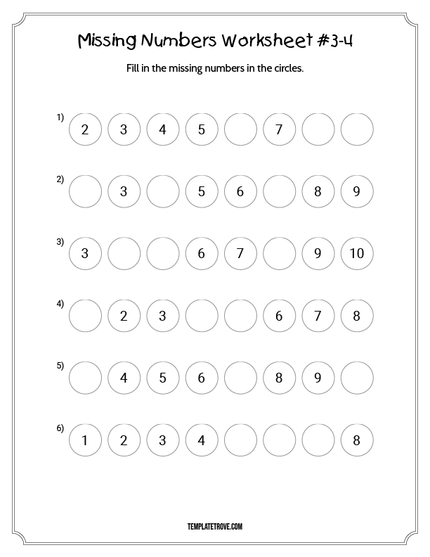 Missing Numbers Worksheet 3 - For Preschoolers