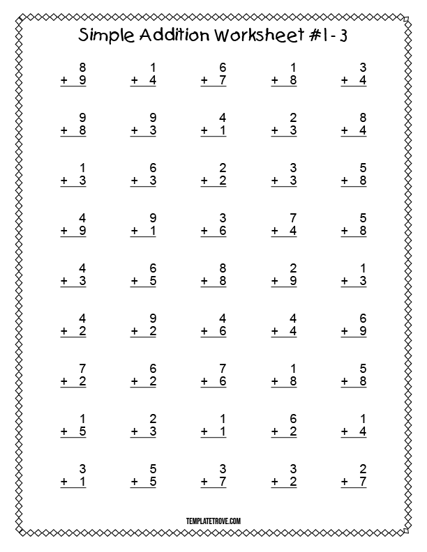 Printable Simple Addition Worksheet 1 - For Kindergarten and 1st Graders image.