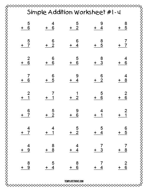 Printable Simple Addition Worksheet 1 - For Kindergarten and 1st Graders