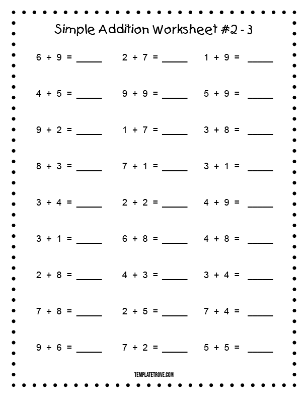 Printable Simple Addition Worksheet 2 - For Kindergarten and 1st Graders