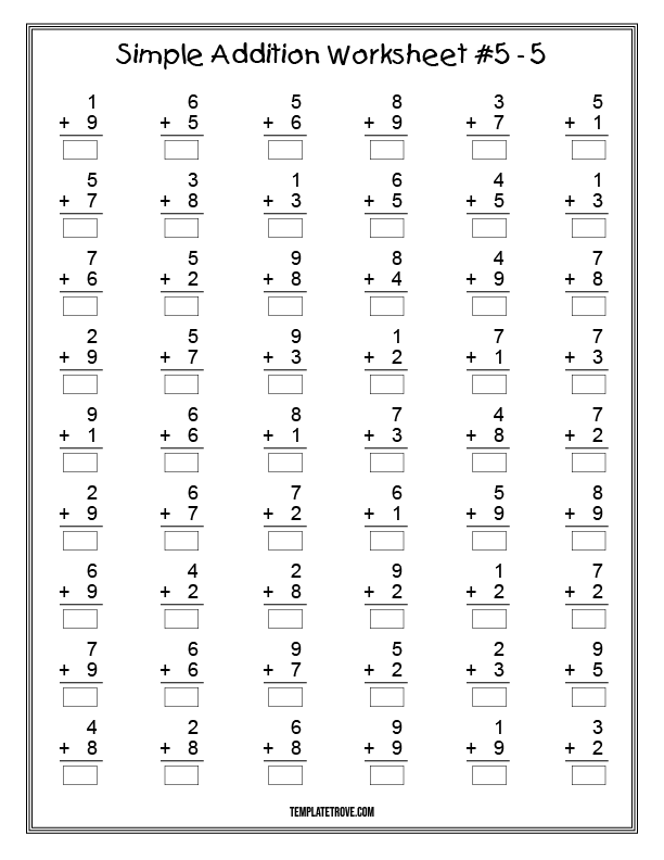 Printable Simple Addition Worksheet 5 - For Kindergarten and 1st Graders