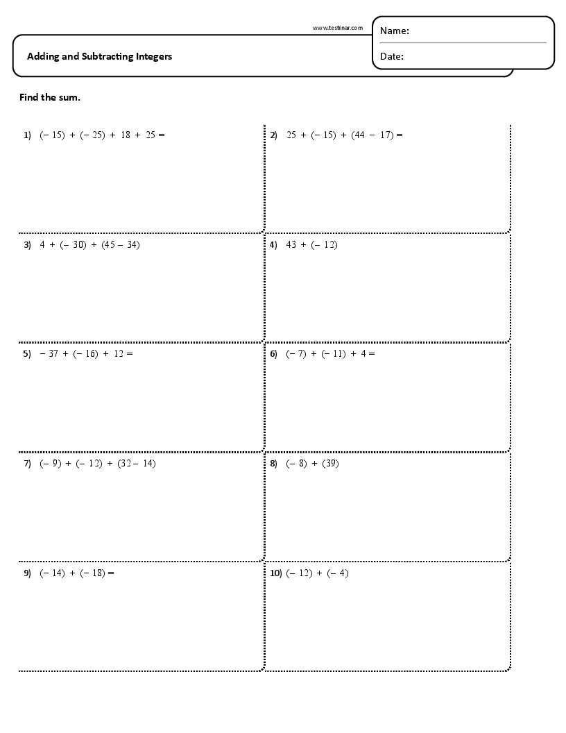 Adding Subtracting Integers Worksheet