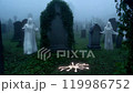 Ghostly Figures and Glowing Spider in a Foggy Cemetery 119986752