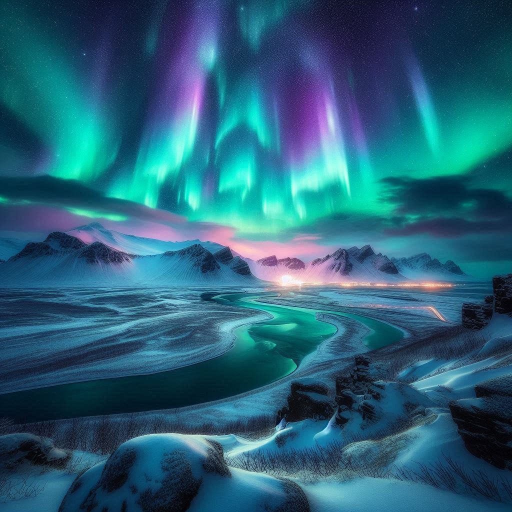 A breathtaking view of the Northern Lights shimmering over a snowy Icelandic landscape