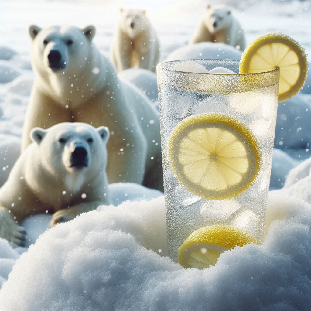 realistic image of a cold glass of lemonade chilling in a pile of snow, polar bears in the background