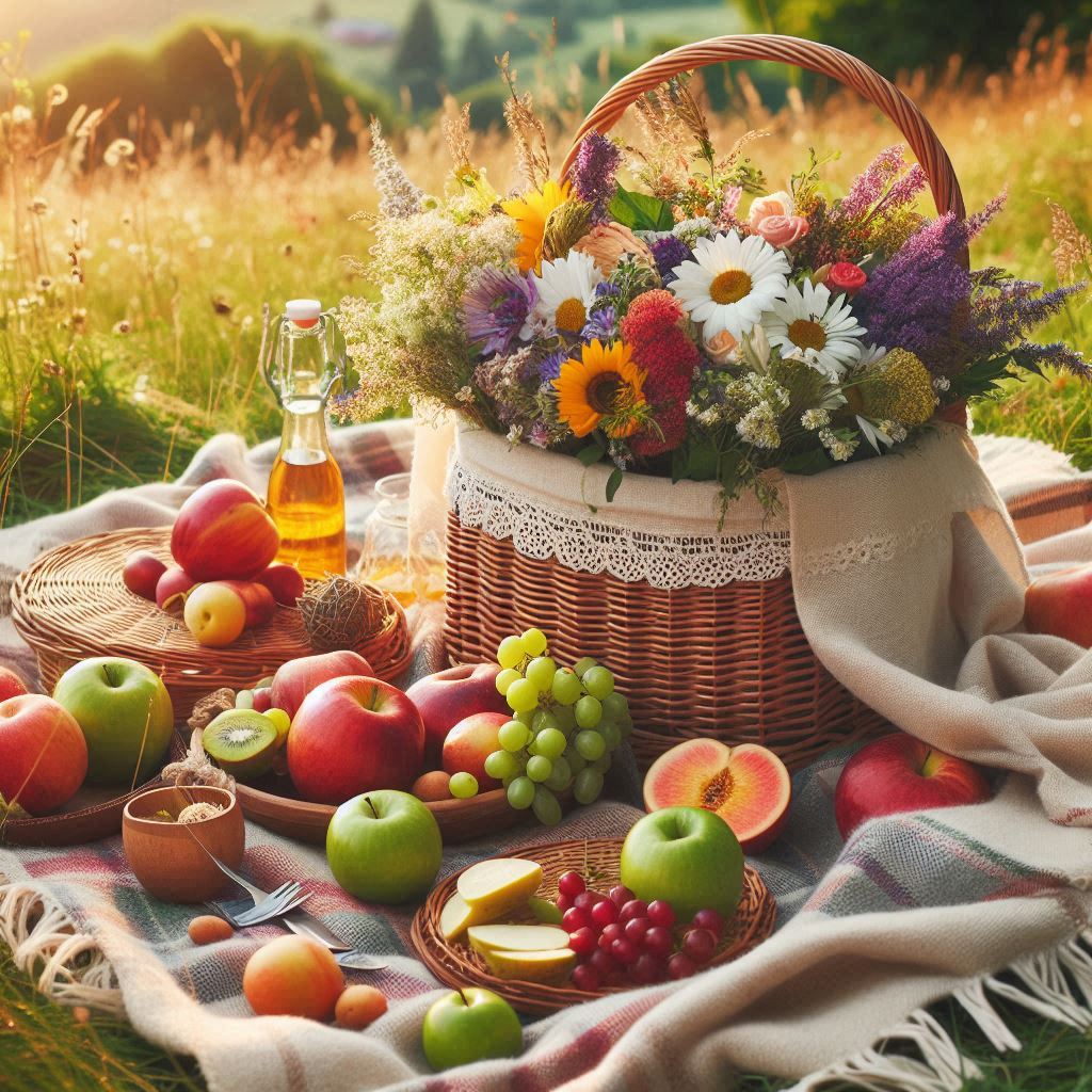 A picnic on a green meadow with a basket of fruits and flowers