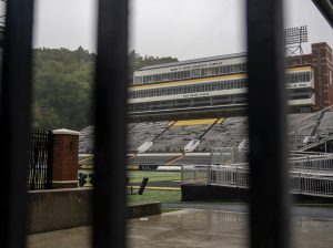 Kidd Brewer Stadium through the gates of the Broyhill Entrance Plaza during Hurricane Helene on Sept. 27.