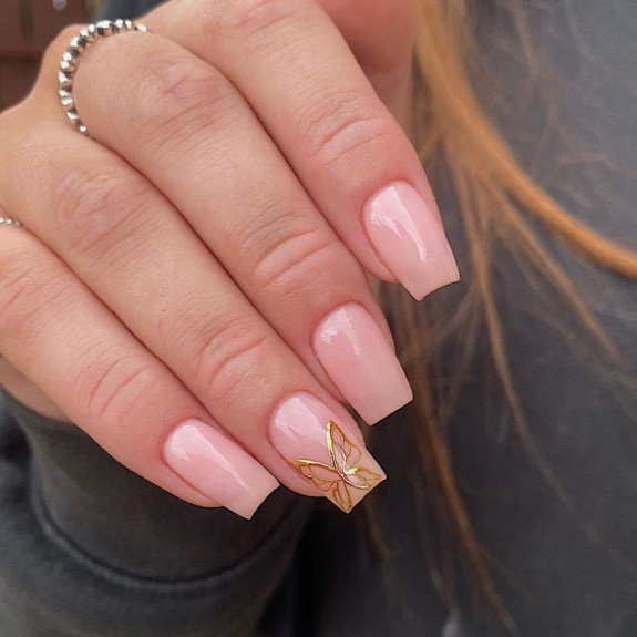 35 Cute and Simple Nail Designs 2022 — Natural Nails with Gold Butterfly