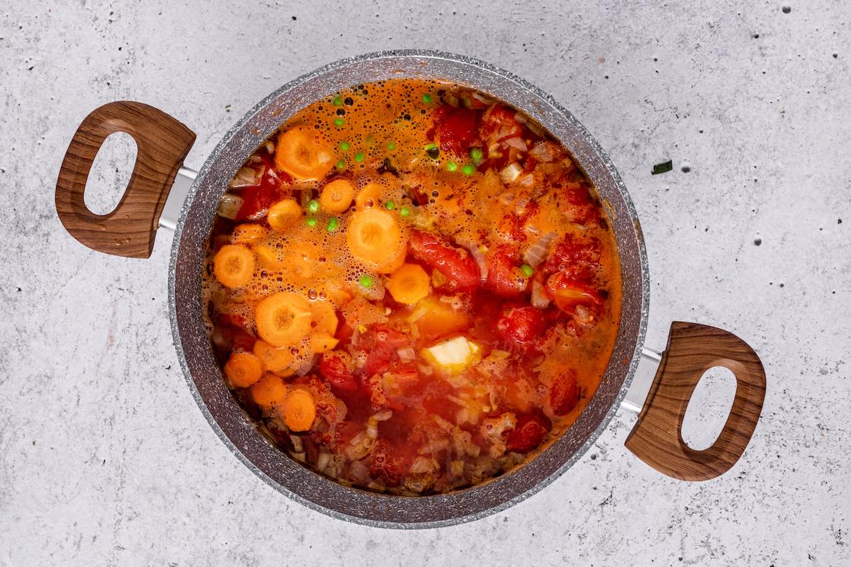 broth with vegetables and seasonings.