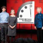 The 2023 Doomsday Clock time is revealed. From left to right: Chair of the Bulletin's Board of Sponsors Siegfried Hecker, co-chair of the Bulletin's Science and Security Board Daniel Holz, co-chair of the Science and Security Board Sharon Squassoni, former President of Ireland Mary Robinson and former President of Mongolia Elbegdorj Tsakhia.