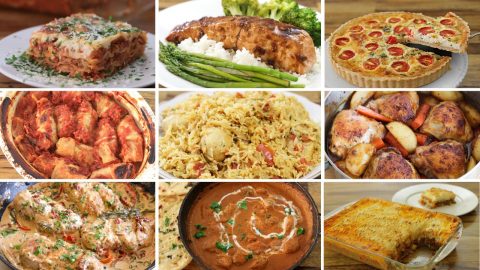 A collage of nine dishes includes lasagna with herbs, grilled fish with rice and broccoli, quiche with tomatoes, stuffed cabbage rolls, a plate of biryani, baked chicken with potatoes, creamy stuffed chicken breasts, a bowl of curry with naan, and shepherd's pie.