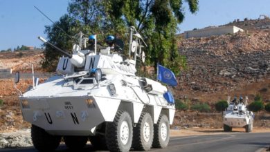 United Nations peacekeeping forces (UNIFIL) patrol near the village of Mais el Jabal, along the southern Lebanese border with Israel.