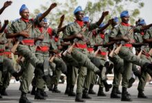 Djiboutian soldiers march during a military parade