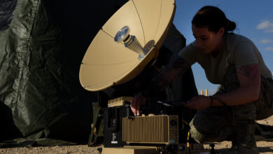 Senior Airman Elizabeth Arthur, 1st Combat Communications Squadron radio frequency transmission systems technician, sets up a Panther satellite communications terminal at Uvda Air Force Base, Israel, Oct. 30, in support of Blue Flag 17. The U.S. and Israel share a strong and long-lasting relationship in addition to a close military partnership, and exercises like this further strengthen the relationship of our nations and promote regional peace and stability. (U.S. Air Force photo/Senior Airman Abby L. Finkel)