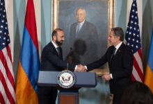 Armenian Foreign Minister Ararat Mirzoyan shakes hands with US Secretary of State Antony Blinken to launch the U.S.-Armenia Strategic Partnership Commission to intensify cooperation on mutual interests