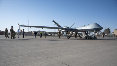 Members of Holloman, TowFLEXX Miltech and Evitado conduct an MQ-9 Reaper towing demonstration at Holloman Air Force Base, New Mexico, Feb. 27, 2025. The 49th Maintenance Group is enhancing mission readiness by partnering with Evitado Technologies and TowFLEXX Miltech to develop a cutting-edge anti-collision solution for aircraft towing, integrating sustainable, emissions-free technologies that align with the Department of Defense’s Green Procurement Program and improve operational safety. (U.S. Air Force photo by Senior Airman Isaiah Pedrazzini)