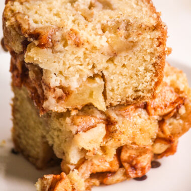 A soft cake layered with apple pieces tossed in cinnamon and sugar