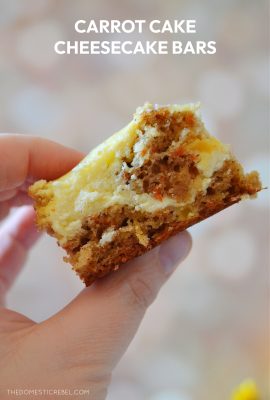 the photographer is holding a carrot cake cheesecake bar against a lightly colored dotted background.