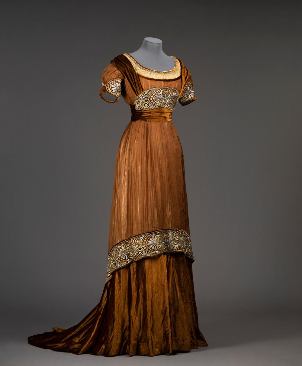 Evening dress by Augusta Lundin, 1913, Sweden, silk georgette with gold, silver and copper silk thread embroidery, lame, velvet, gold lace, chiffon, satin, GÃ¶teborgs Stadsmuseum