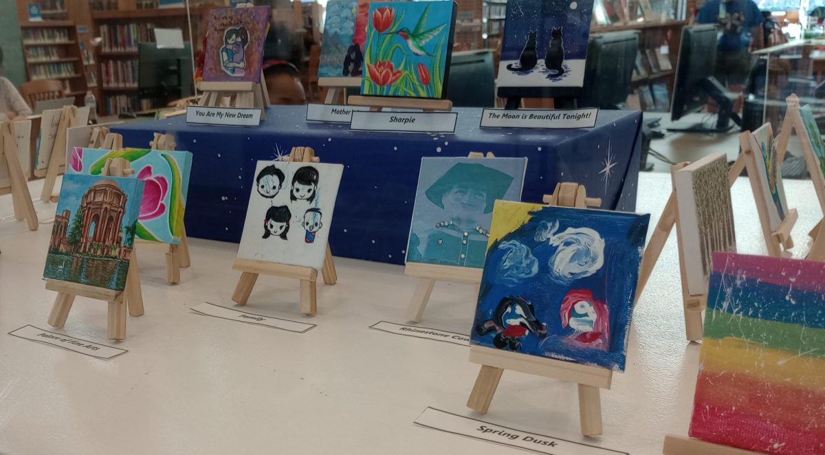 A few of the mini paintings submitted by local teenagers and adults on display at the Dublin Library's Tiny Art Show.