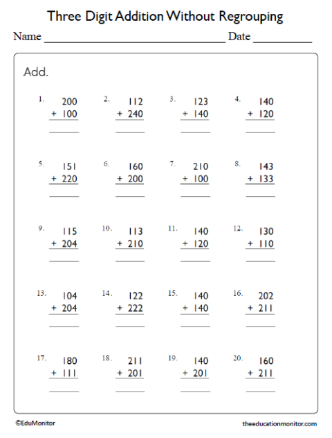 Three Digit Addition Without Regrouping Worksheets - EduMonitor ...