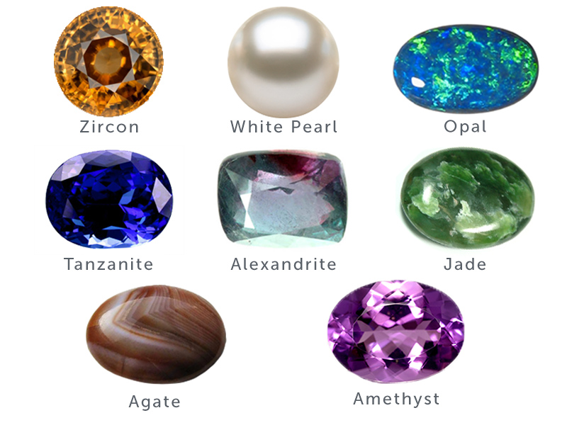 Semi Precious Stones Chart with zircon, white pearl, tanzanite, opal, alexandrite, jade, agate, amethyst