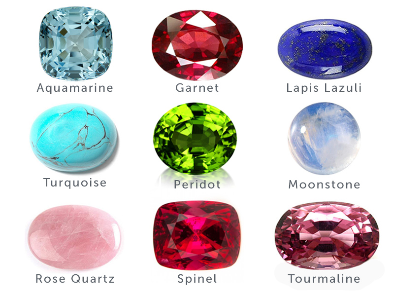 Semi Precisous Stones Chart with aquamarine, garnet, lapis lazuli, moonstone, turquoise, peridot, rose quartz and spinel