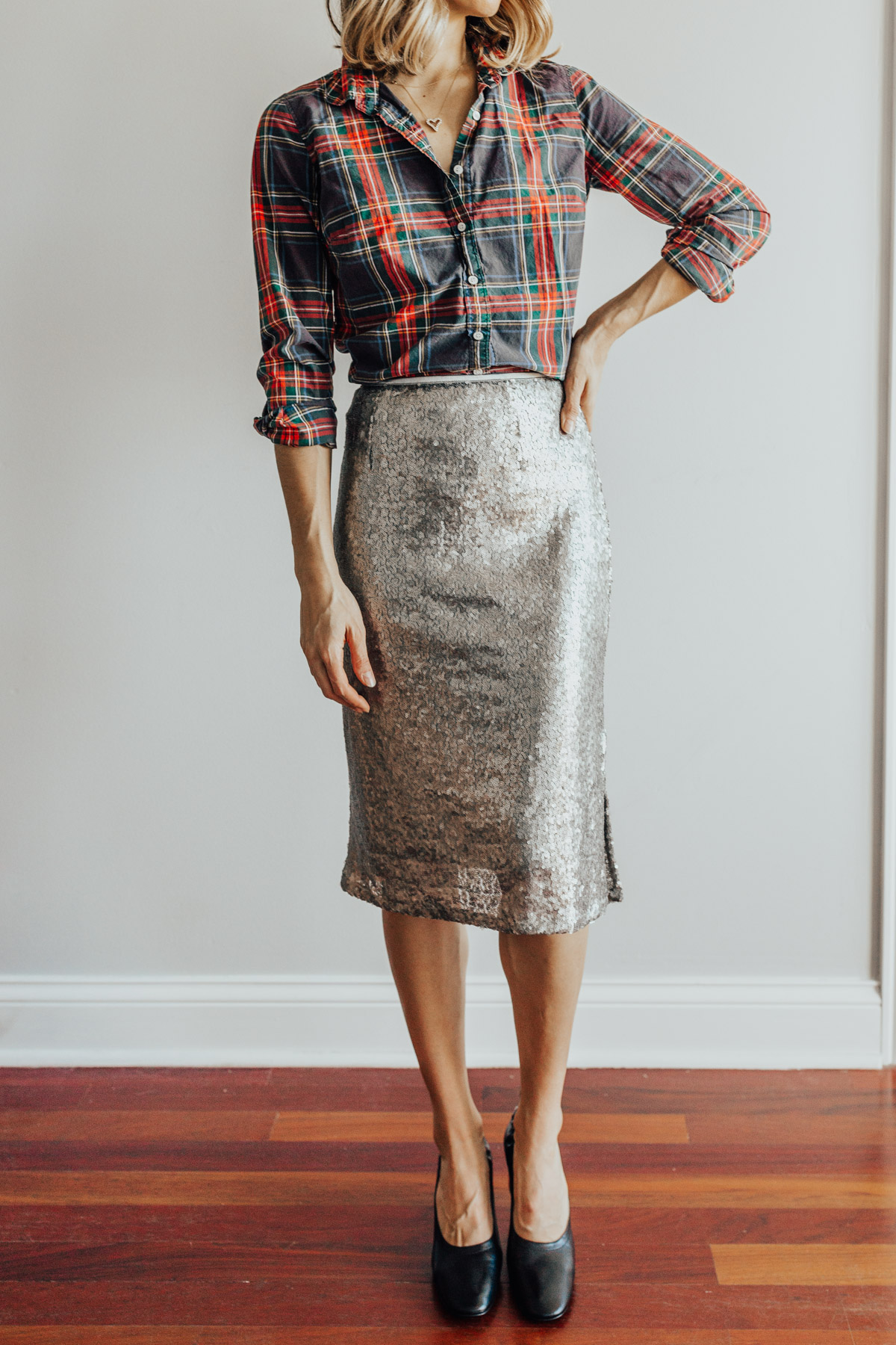 plaid shirt and sequin skirt