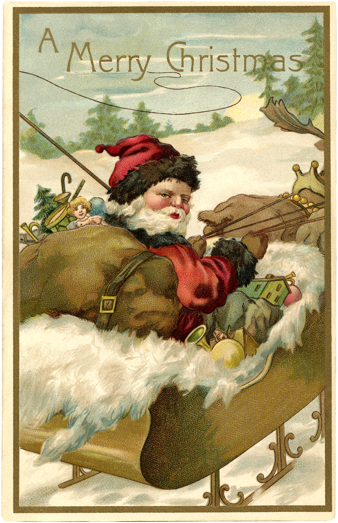 Vintage Santa with Sleigh Image