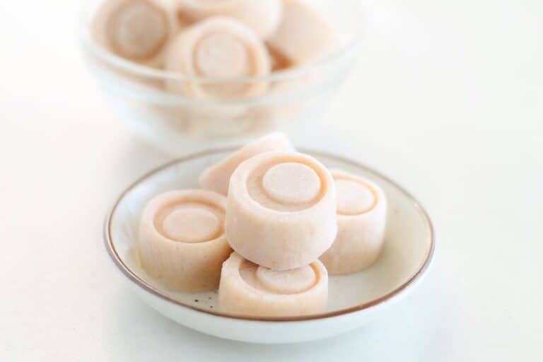 frozen yogurt bites stacked on a little plate