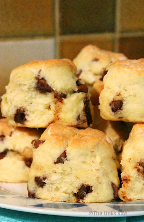 Chocolate Chip Scones stacked on a plate.