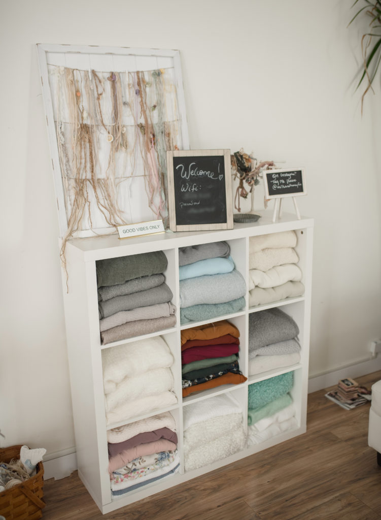 blankets stored in a newborn photography studio