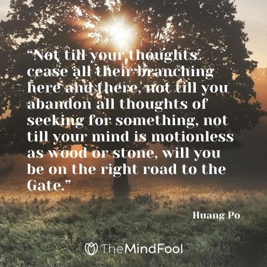 “Not till your thoughts cease all their branching here and there, not till you abandon all thoughts of seeking for something, not till your mind is motionless as wood or stone, will you be on the right road to the Gate.” - Huang Po