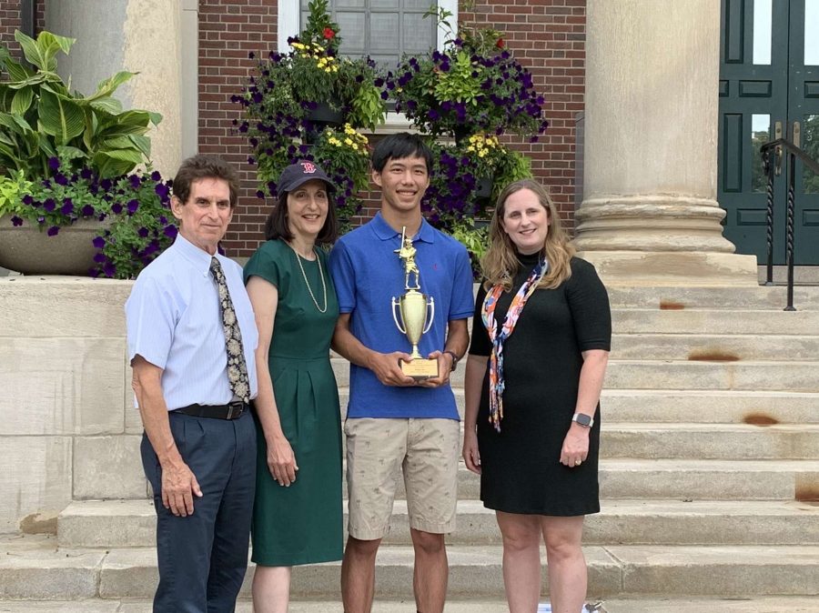 Ethan Ou '21 receives the 52nd annual Hamill Award outside Newton City Hall Thursday, July 8. Left to right Hamill Award Committee Chair Elliott Loew, Newton North pitcher Ethan Ou, Mayor Ruthanne Fuller, Parks and Recreation Commissioner Nicole Banks. (Photo Courtesy of Ethan Ou)