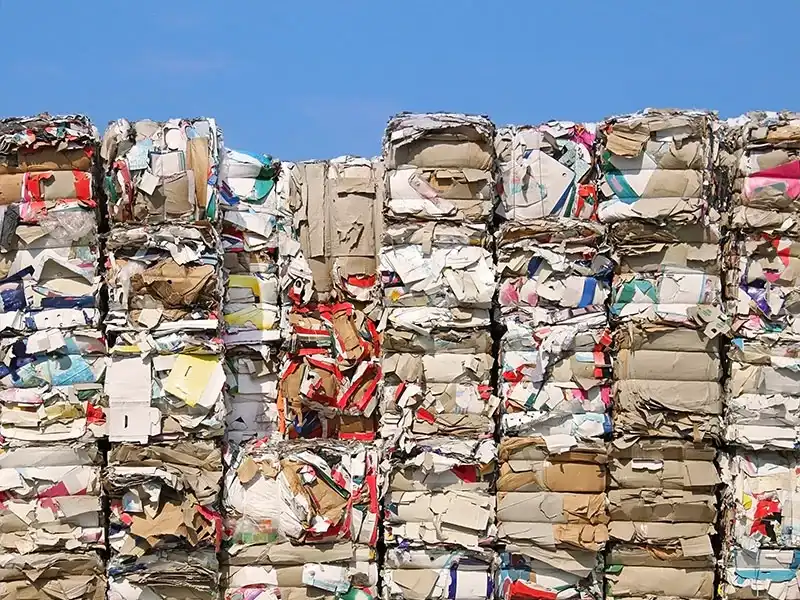 Square bales of cardboard and paper stacked together.