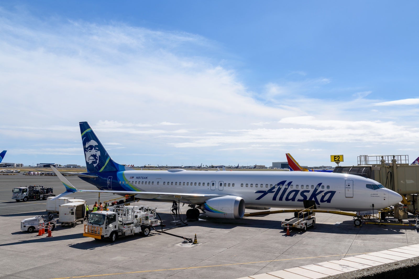 Alaska Airlines Boeing 737 MAX 9 airplane registration number N975AK parked at Daniel K. Inouye International Airport - Honolulu, Hawaii, USA - 2022