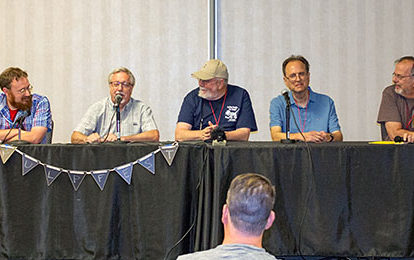 Nathan Madison, from left, John Haefele, Don Herron, Rick Lai, and moderator Tom Krabacher talk Cthulhu and H.P. Lovecraft.