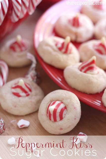 Peppermint kiss sugar cookies on a red plate. 