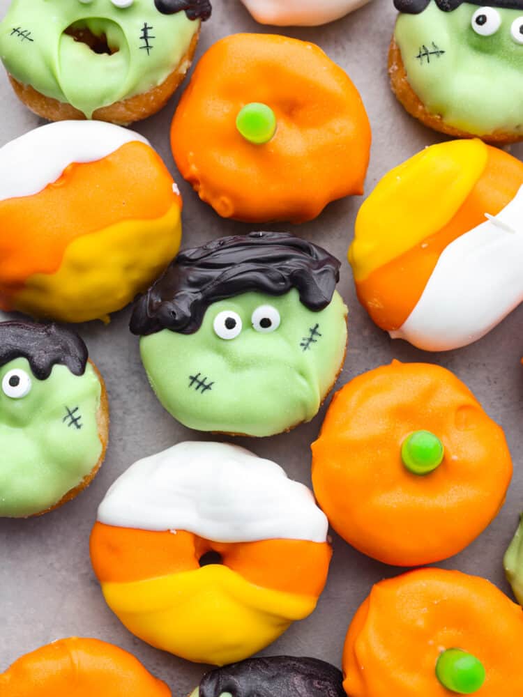 A close up shot o mini Halloween donuts. 