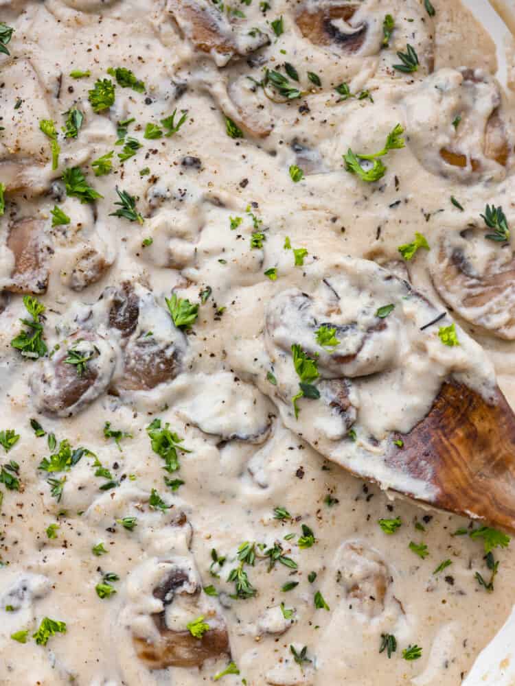 Closeup of mushroom sauce, garnished with fresh herbs.