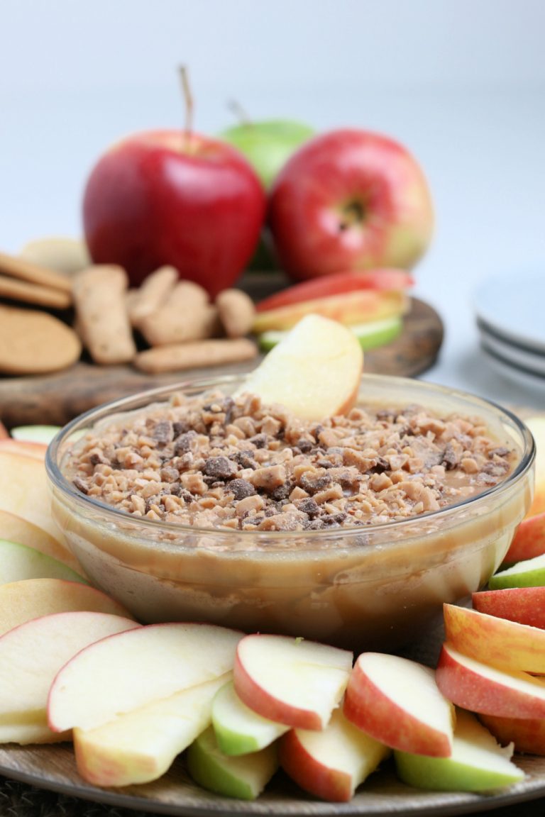 Cream Cheese Caramel Apple Dip with Toffee Bits with apple slices