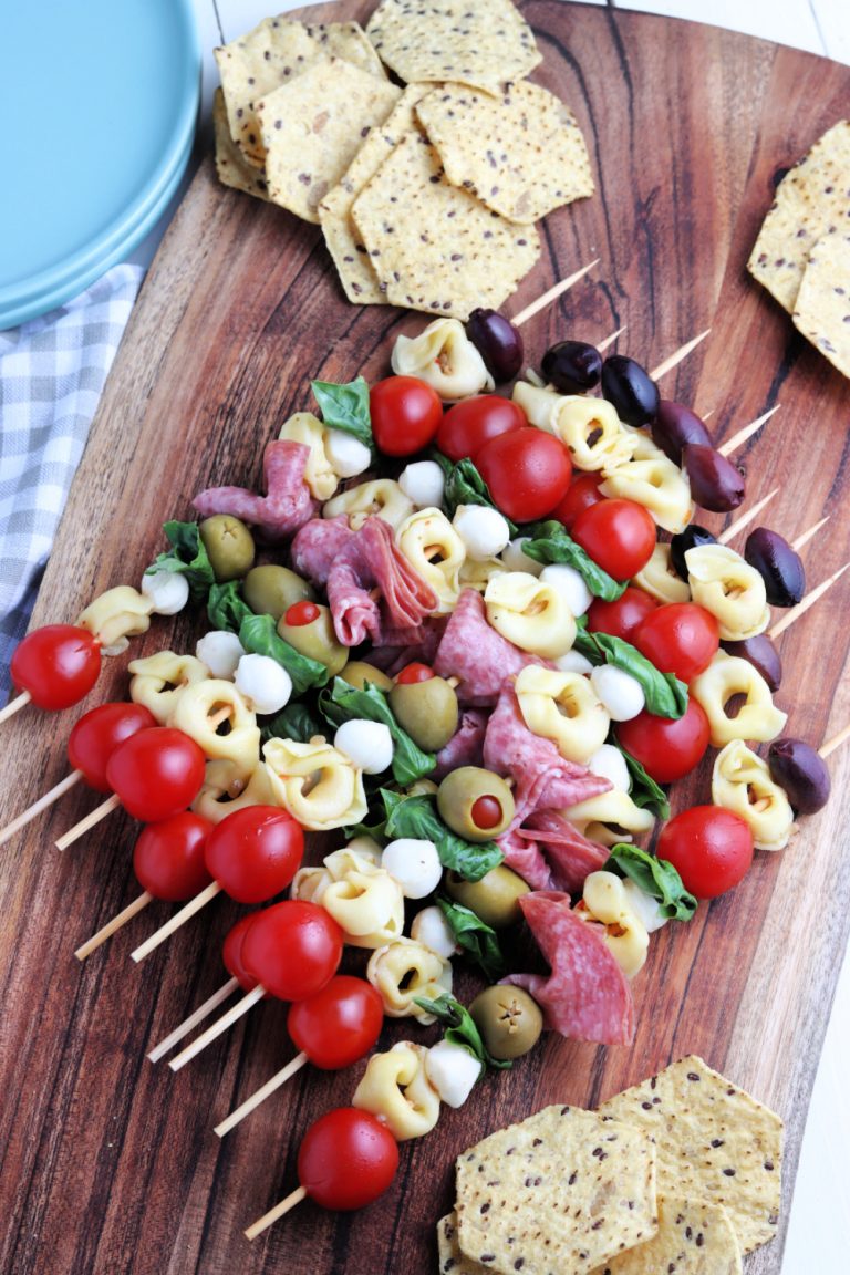 Easy Antipasto Skewers Appetizers on a serving board