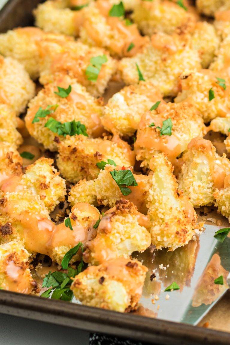 Bang Bang Cauliflower Bites on a pan