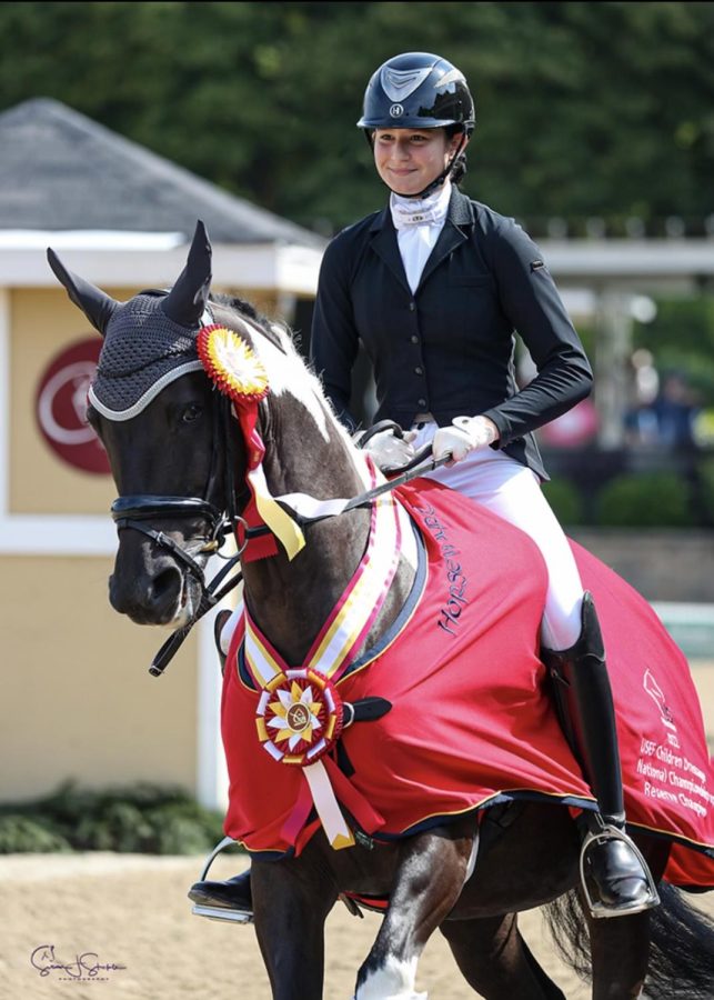 Freshman Virginia Woodcock and her horse 'The Safari Party' during the 2022 dressage national championships.  