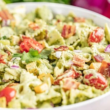 Close up view of cilantro ranch pasta salad in a bowl.