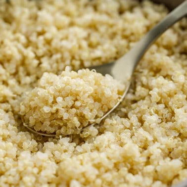 Close up view of quinoa in a saucepan with a spoon.